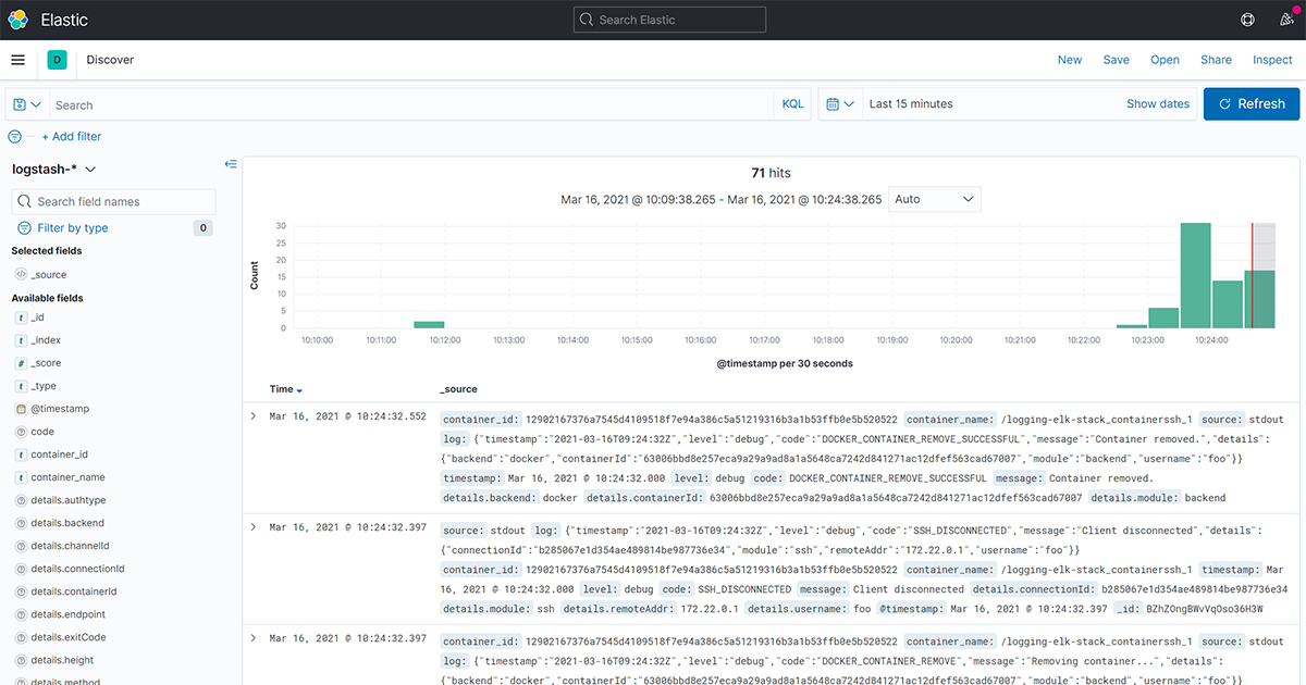 A screenshot of Kibana showing logs from ContainerSSH.